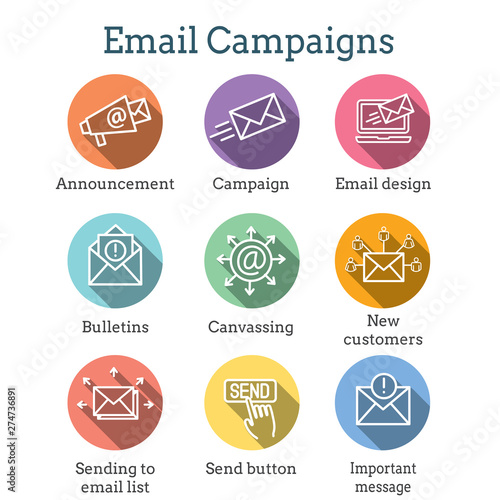 Email marketing campaigns icon set with email list, announcement, send button