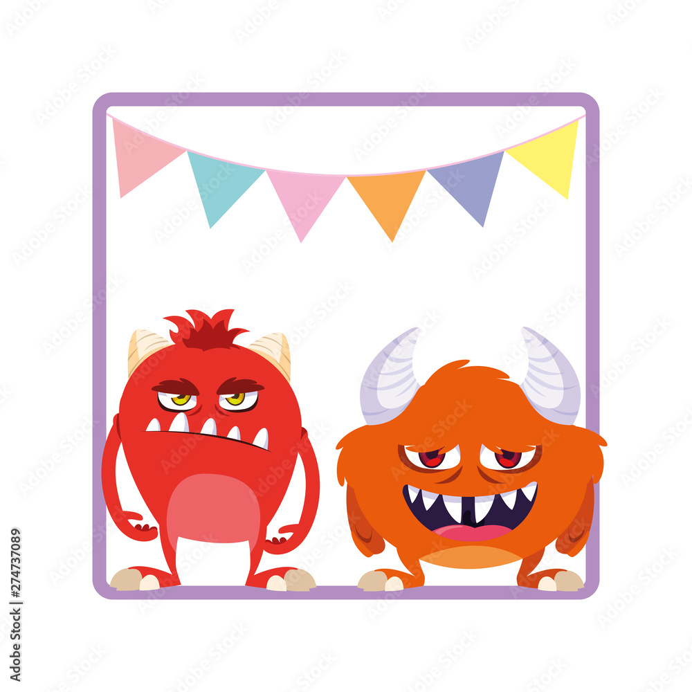 square frame with funny monsters and garlands hanging square frame with funny monsters and garlands hanging