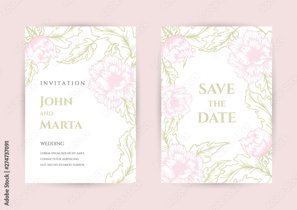 Wedding Invitation. modern card Design in copper peony and leaf greenery branches decorative Vector elegant rustic template. vector eps10.