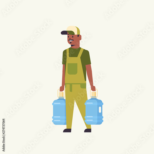 African American courier in uniform holding two