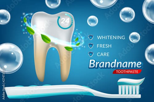 Whitening toothpaste ads, sparkling white tooth with mint leaves and bubbles isolated on blue background in 3d illustration