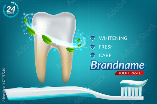 Whitening toothpaste ads, sparkling white tooth with mint leaves and bubbles isolated on blue background in 3d illustration