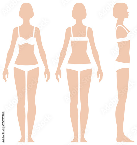 Woman in full length in three projections front view side and back vector illustration