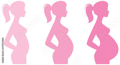 Pregnant female silhouettes and baby. Woman's body and its changes during pregnancy vector illustration