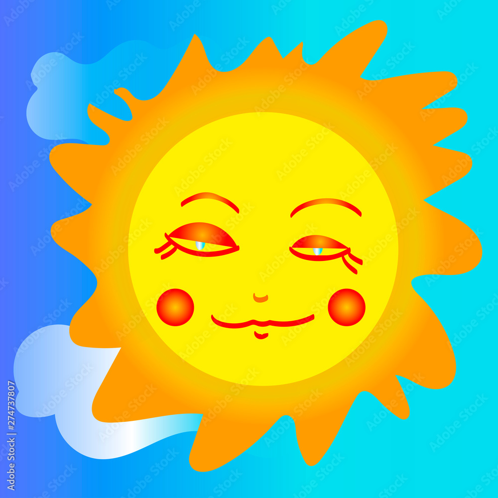 Cartoon sun and clouds on blue sky background. Smiling sun character. Climate, environment theme. Flat design for print, poster, cover, surface. Atmosphere, nature, weather motifs. Spring, summer