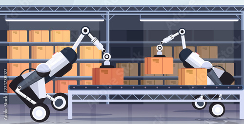 robotic workers loading cardboard boxes hi-tech smart factory robot artificial intelligence logistics automation technology concept modern warehouse interior flat horizontal