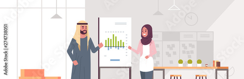 arabic coworkers presenting financial graph on flip chart board business couple arab man woman at conference meeting making presentation concept modern office interior portrait horizontal