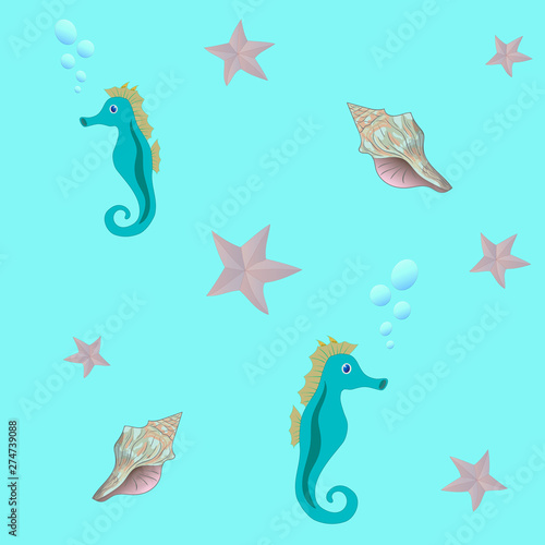 Seamless sea pattern with seahorse  starfish  and seashell on blue bachground