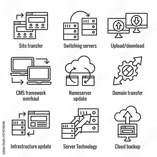 Website Data Transfer Icon Set with laptops, arrows, & imagery of transfer
