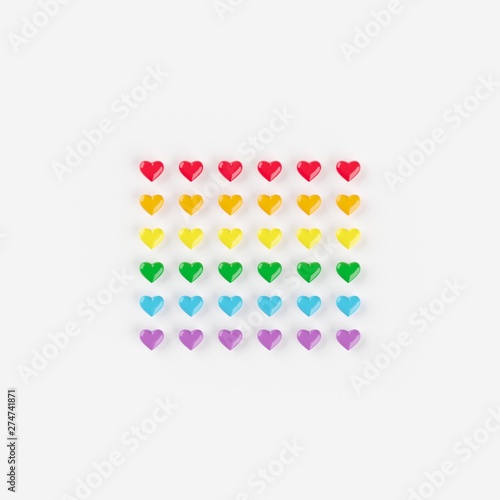 Hearts rainbow color on white background, minimal creative concept, 3d rendering