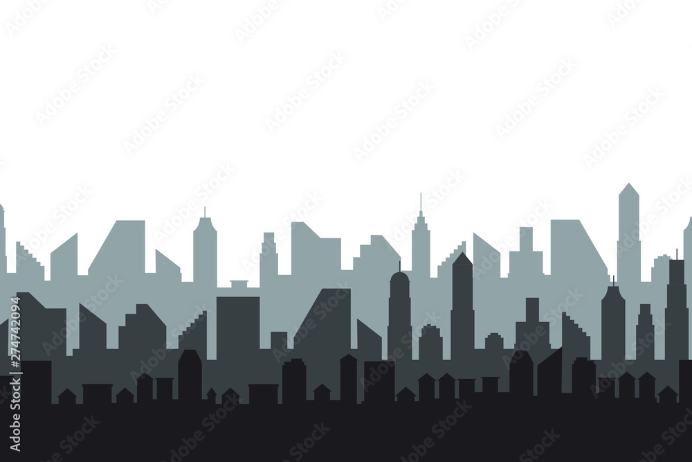 Modern City Skyline. Different buildings, skyscrapers, office center silhouette. Vector flat cartoon panorama. Architecture urban landscape