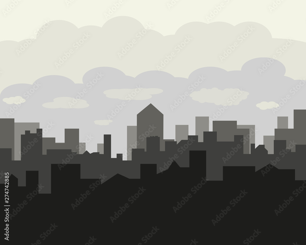 Flat cityscape with gray sky. Modern city skyline flat panoramic vector background.Vector