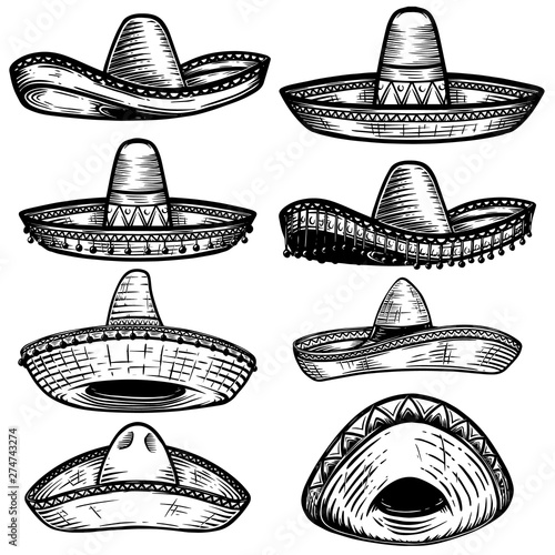 Set of Mexican sombrero in tattoo style isolated on white background. Design element for poster, t shit, card, emblem, sign, badge. photo