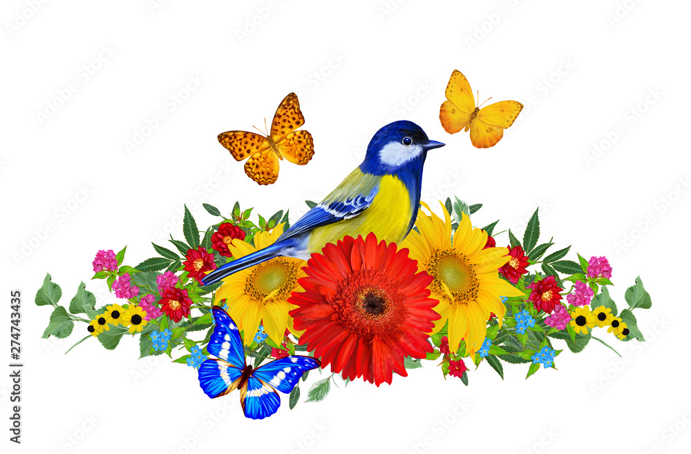 Tit bird sits on a branch of bright red gerberas flowers, yellow roses, green leaves, beautiful butterflies. Isolated on white background. Flower composition.