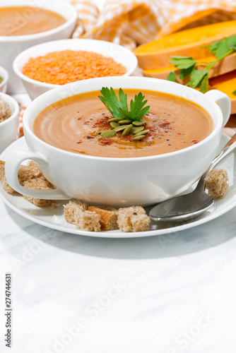 soup of pumpkin and lentils and ingredients, vertical