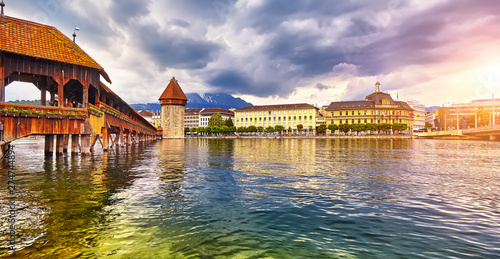 Lucerne, Switzerland - Famous wooden Chapel Bridge, oldest wooden covered bridge in Europe. Luzern