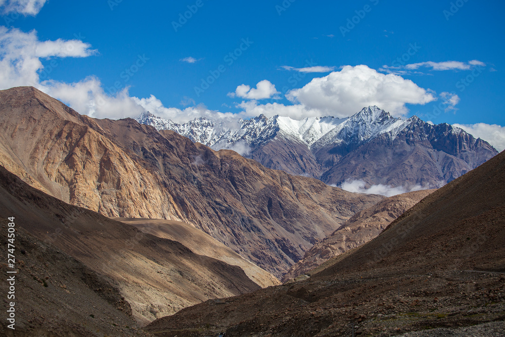 View of majestic rocky mountains in Indian Himalayas, Ladakh region, India. Nature and travel concept