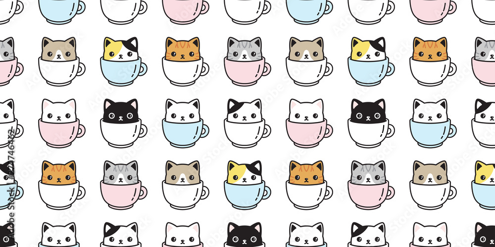 cat seamless pattern vector kitten coffee cup calico breed scarf isolated cartoon tile wallpaper repeat background illustration pastel design cat seamless pattern vector kitten coffee cup calico breed scarf isolated cartoon tile wallpaper repeat background illustration pastel design