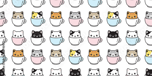 cat seamless pattern vector kitten coffee cup calico breed scarf isolated cartoon tile wallpaper repeat background illustration pastel design
