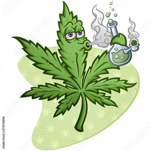 A cheerful pot vector cartoon character getting high and smoking a glass water bong with a packed bowl