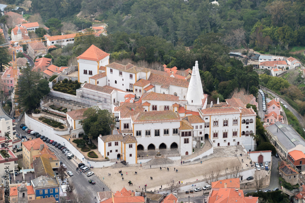 An areal view of the Sintra National Palace from the Castle of the Moors in Sintra, Portugal