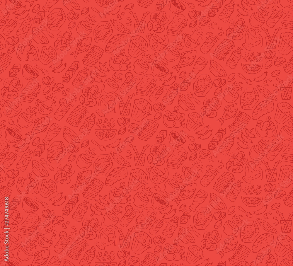 Food vector seamless pattern. Cuisine, fast food cafe wallpaper with gastronomy icons. Red, ruby color texture. Decorative textile, wrapping paper design. Bright background for menu, receipts Food vector seamless pattern. Cuisine, fast food cafe wallpaper with gastronomy icons. Red, ruby color texture. Decorative textile, wrapping paper design. Bright background for menu, receipts