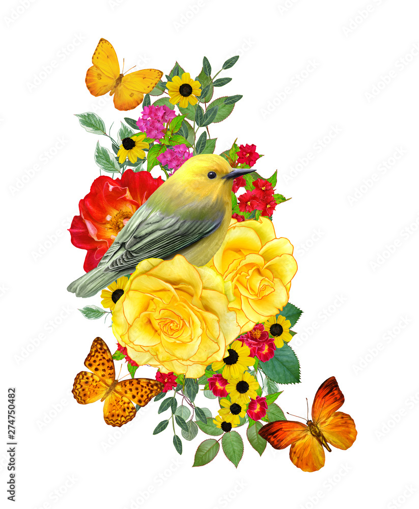 Tit bird sits on a branch of bright red flowers, yellow roses, green leaves, beautiful butterflies. Isolated on white background. Flower composition.
