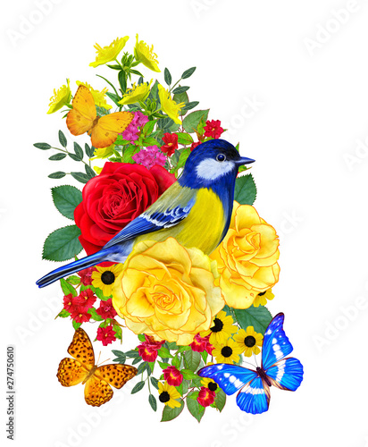 Tit bird sits on a branch of bright red flowers  yellow roses  green leaves  beautiful butterflies. Isolated on white background. Flower composition.