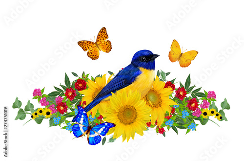 Tit bird sits on a branch of bright red flowers  yellow sunflowers  green leaves  beautiful butterflies. Isolated on white background. Flower composition.