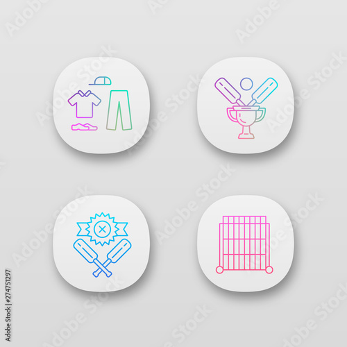 Cricket championship app icons set. Sport tournament. Uniform, champion cup, win, sight screen. League competition. UI/UX user interface. Web or mobile applications. Vector isolated illustrations