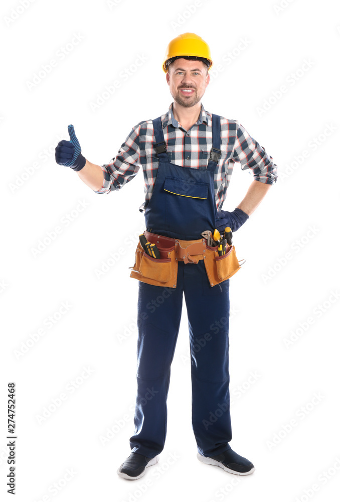 Full length portrait of professional construction worker with tool belt on white background Full length portrait of professional construction worker with tool belt on white background