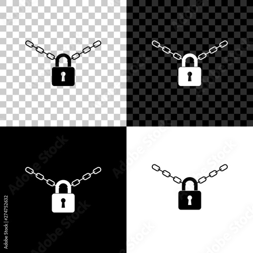 Metal chain and lock icon isolated on black, white and transparent background. Padlock and steel chain. Vector Illustration