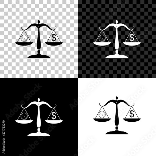 Scale weighing money and time icon isolated on black, white and transparent background. Scales with hours and a coin. Balance between work and the given time. Business concept. Vector Illustration