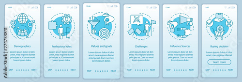 Buyer persona turquoise gradient onboarding mobile app page screen vector template. Human activity walkthrough website steps with linear illustrations. UX, UI, GUI smartphone interface concept