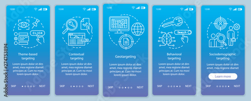 Targeting types blue gradient onboarding mobile app page screen vector template. Targeted advertising walkthrough website steps with linear illustrations. UX, UI, GUI smartphone interface concept