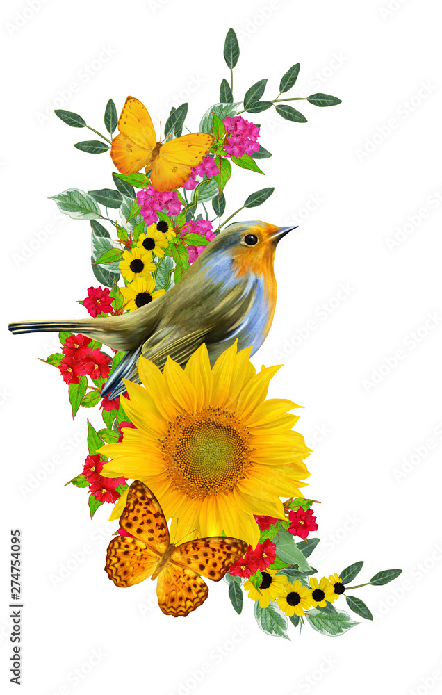 orange bird sits on a branch of bright red flowers, yellow sunflowers, green leaves, beautiful butterflies. Isolated on white background. Flower composition.