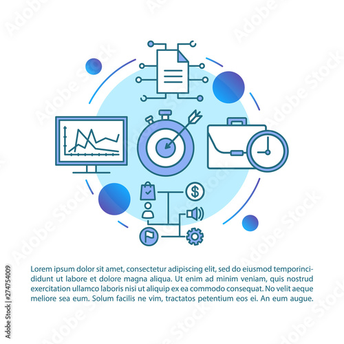 Data assessment blue background article page vector template. Brochure, magazine, booklet design element with linear icons and text boxes. Print design. Concept illustrations with text space