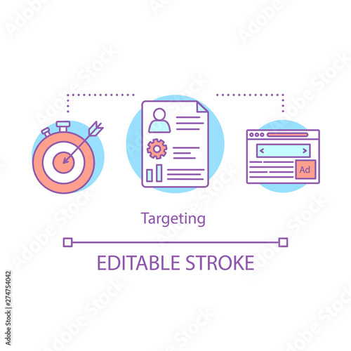 Targeting concept icon. Display ads  customer  attraction idea thin line illustration. Business strategy  digital marketing vector isolated outline drawing. Editable stroke