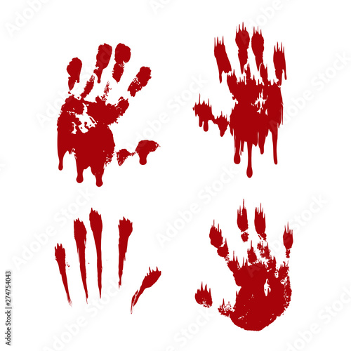 Bloody hand print set isolated white background. Horror scary blood handprint, fingerprint. Red palm, fingers, stain, splatter, streams. Symbol horror zombie, murder, violence. Vector illustration