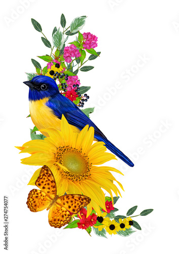 blue bird sits on a branch of bright red flowers  yellow sunflowers  green leaves  beautiful butterflies. Isolated on white background. Flower composition.