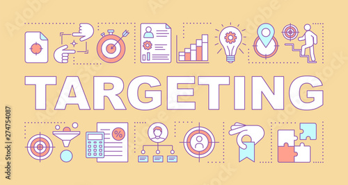 Targeting amber word concepts banner. Business strategy, digital marketing, customer attraction. Presentation, website. Isolated lettering typography with linear icons. Vector outline illustration
