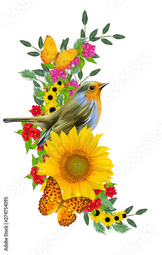 orange bird sits on a branch of bright red flowers, yellow sunflowers, green leaves, beautiful butterflies. Isolated on white background. Flower composition.