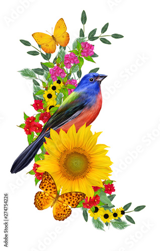 blue bird sits on a branch of bright red flowers, yellow sunflowers, green leaves, beautiful butterflies. Isolated on white background. Flower composition. © sokolova_sv
