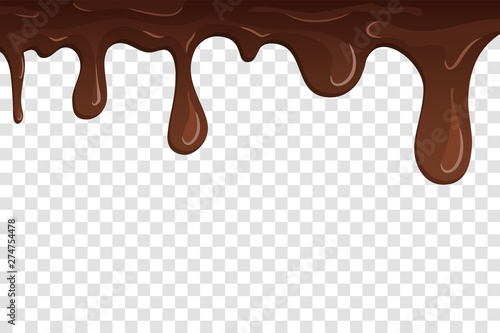 Dripping chocolate. Drips chocolate, isolated white transparent background. Melt fluid sweet dessert. Tasty splash liquid, cartoon design. Brown delicious cream. Flowing trickle. Vector illustration