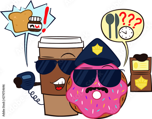 Cute cartoon Donut and a cup of coffee from the police department "Breakfast and snacks" will not leave you hungry. Hunger has no chance!