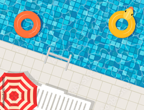 Swimming pool with swimming rings, umbrella and deck chair. Top view. Summer vacation or trip concept. Vector illustration.