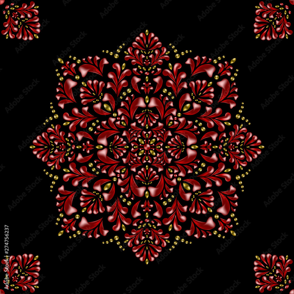 Seamless pattern of red with golden floral ornament on a black background
