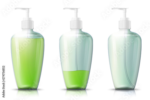 Vector 3d realistic pump bottle with liquid gel inside, isolated on white background. Mock-up for product package branding.