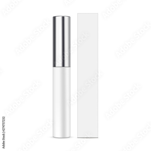 Lipstick balm with metallic cap and cardboard packaging box mockup isolated on white background. Vector illustration