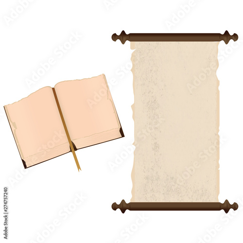 An ancient book with open pages and a papyrus scroll, old, with stains in grunge style, with torn edges - isolated on white background - vector.